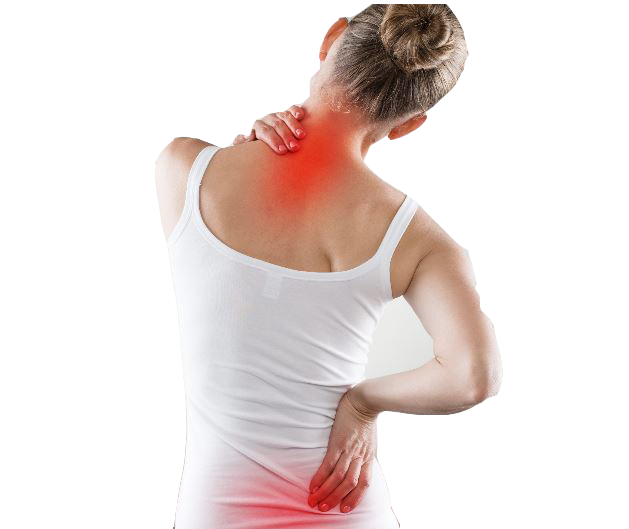 female in white vest with bck pain highlighted in red