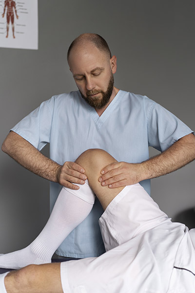 male therapist with football patient massaging knee